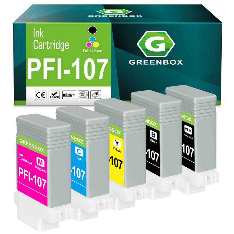GREENBOX PFI-107 Ink Cartridge Replacement for Canon PFI-107MBK PFI-107BK PFI-107C PFI-107M PFI-107Y Ink Tank for imagePROGRAF iPF670 iPF680 iPF685 iPF770 iPF780 iPF785 Printer, 130ML, Set of 5 Inks - Image 1